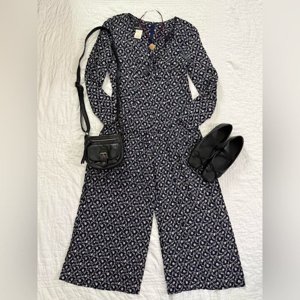 90's whimsigoth quirky floral‎ boho navy blue wide leg jumpsuit